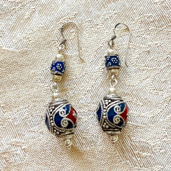 Vintage Sterling Cloisonne dangle Earrings - Picture 4 of 12